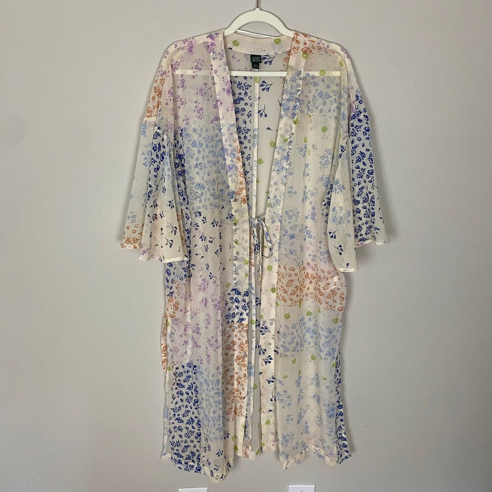 Wild Fable Floral Patchwork Kimono Duster One Size Cream Sheer Tie Front Long
